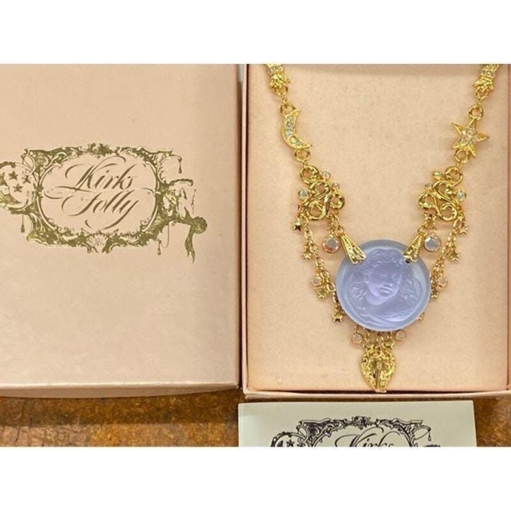 Kirks Folly Celestial Angel Cameo Necklace Gold Tone Moon Star Crystal 21"